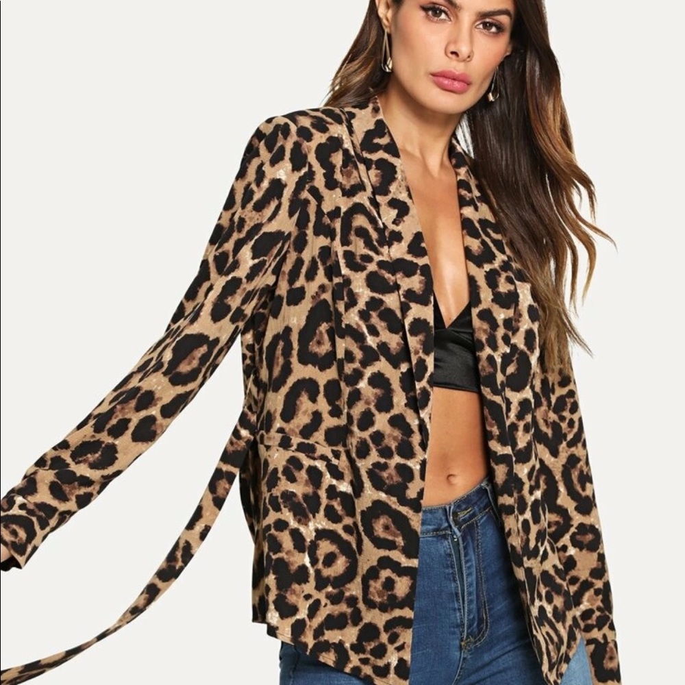 SHEIN Shawl Collar Belted Leopard Blazer